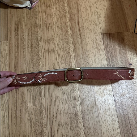 Accessories - Women's Embroidered Brown Leather Belt with Brass Buckle